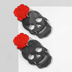 Серьги акрил Хэллоуин черепа с розами цвет красно-серый в серебре