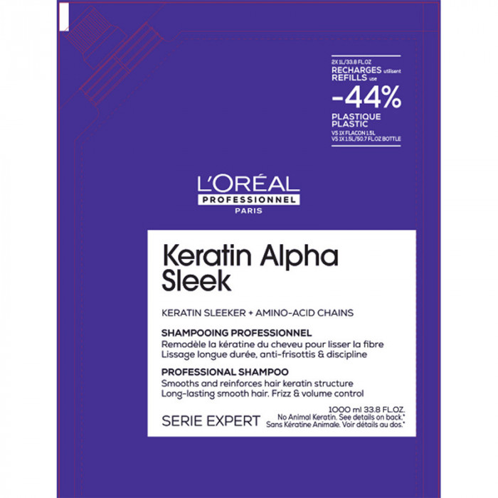 LOREAL Keratin Alpha Sleek Шампунь бессульфатный для непослушных волос дой-пак 1000 мл