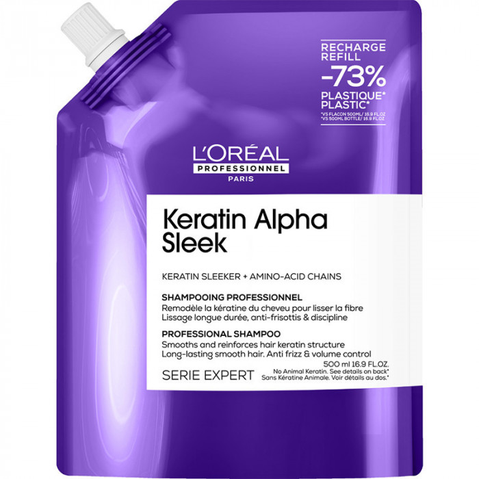 LOREAL Keratin Alpha Sleek Шампунь бессульфатный для непослушных волос дой-пак 500 мл