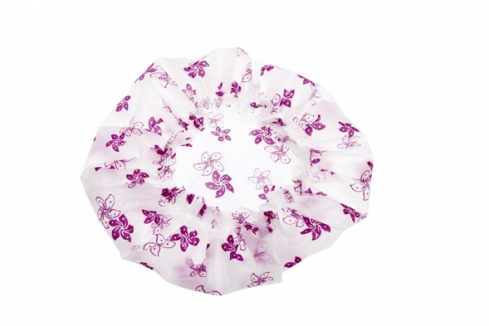 DEWAL Beauty Шапочка для душа белая c фиолетовыми цветами